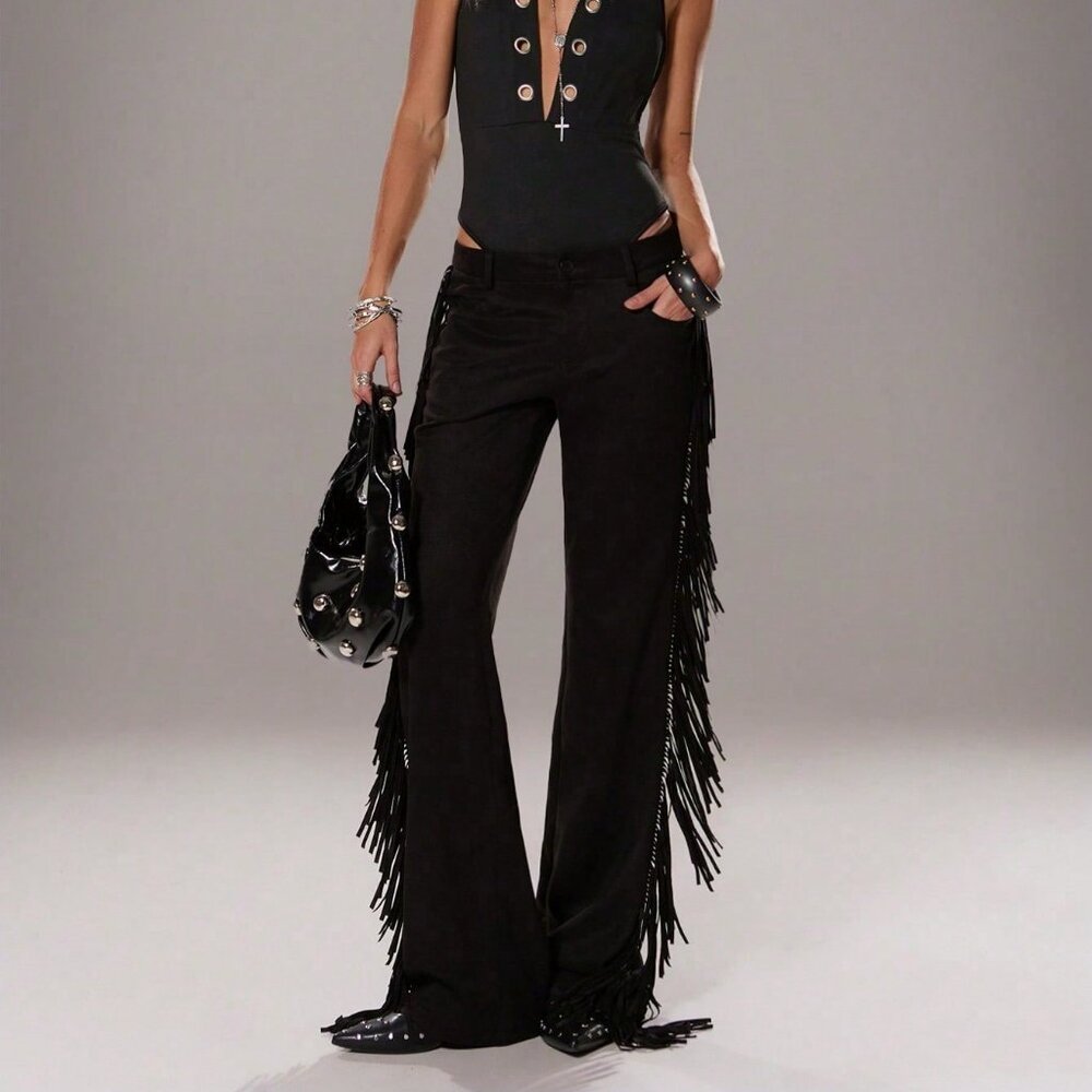 Black Women's Casual Flared Leg Faux Suede Fringe Side Pants - Picture 2 of 7